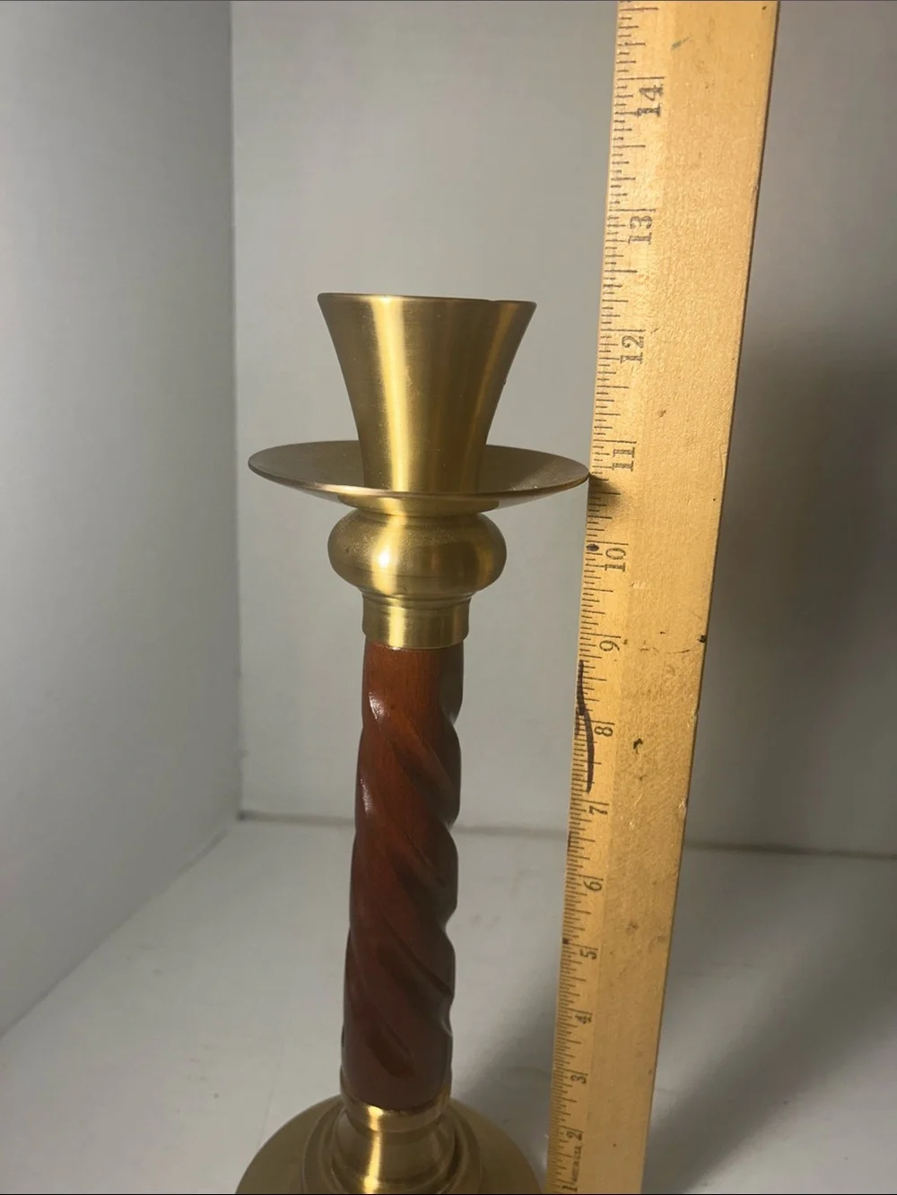 Brass and Wood Spiral Candlestick Holder - Gold and Brown